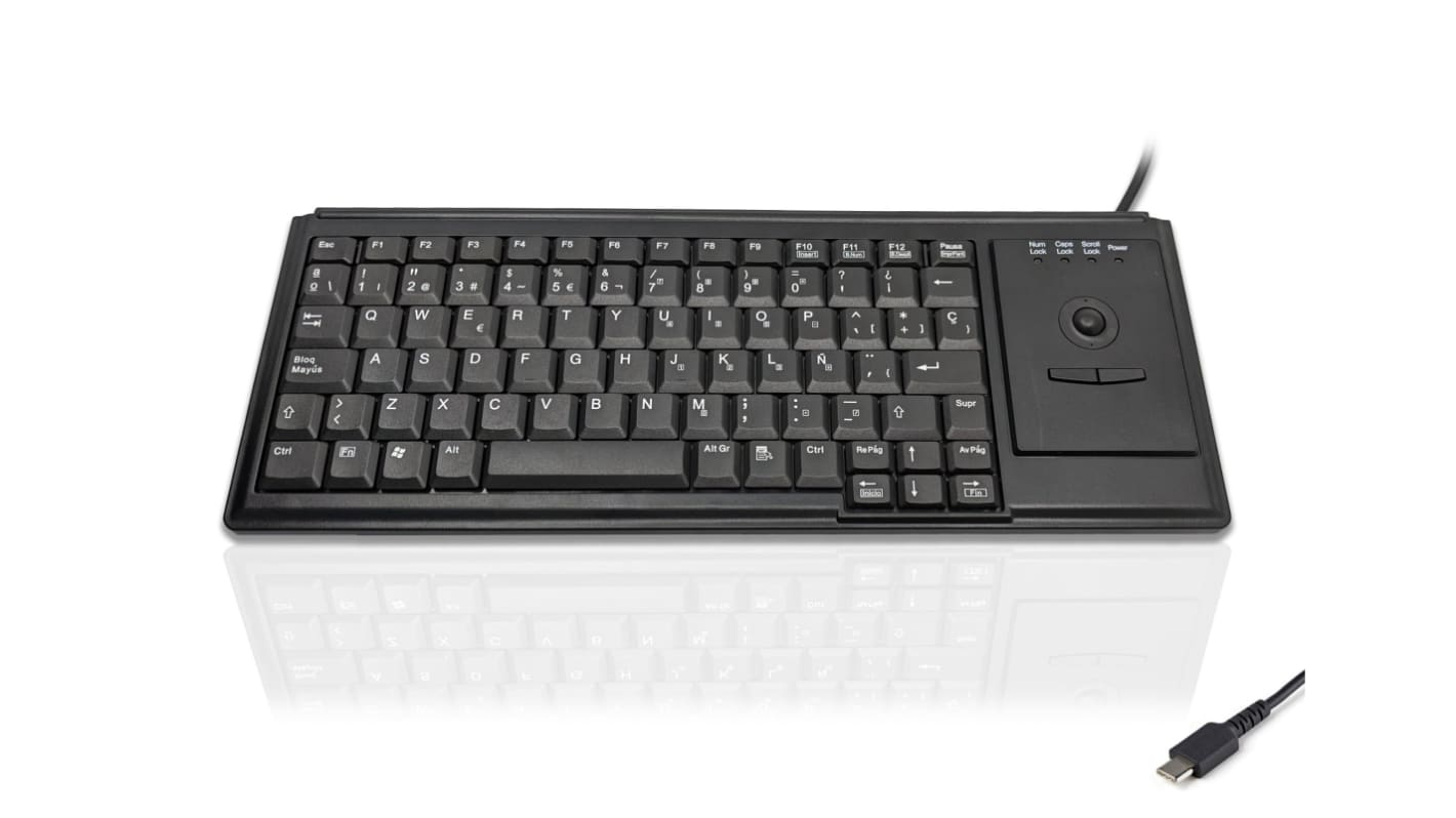 Ceratech KYB500-K82D-SP-C Wired USB Trackball Keyboard, QWERTY (Spain), Black