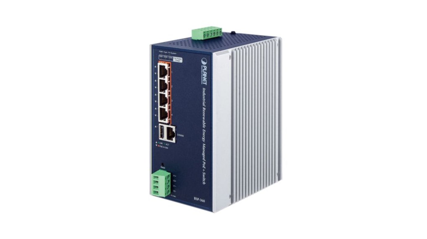 Swtich Ethernet industrial Planet-Wattohm con PoE, 5 puertos