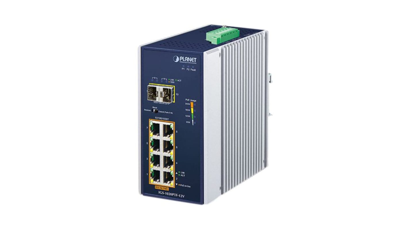 Planet IGS-1020PTF-12V, Unmanaged 10 Port Ethernet Switch With PoE
