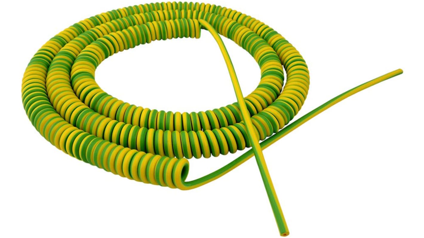 TBS de Buck B.V., Spiral Cable, 5m 1 Core, Green/Yellow Polyurethane PUR Power Cable