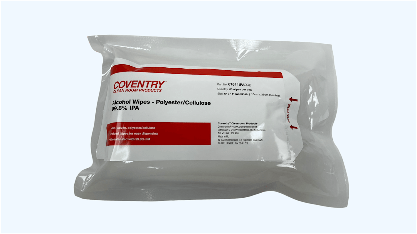 Chemtronics Coventry Econowipes Wet Cleaning Wipes, Bag of 60, 150 x 280mm