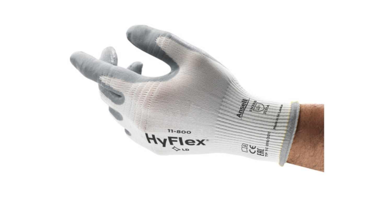 Ansell HyFlex 11-800 White Nylon Breathable Gloves, Size 9, Nitrile Coating