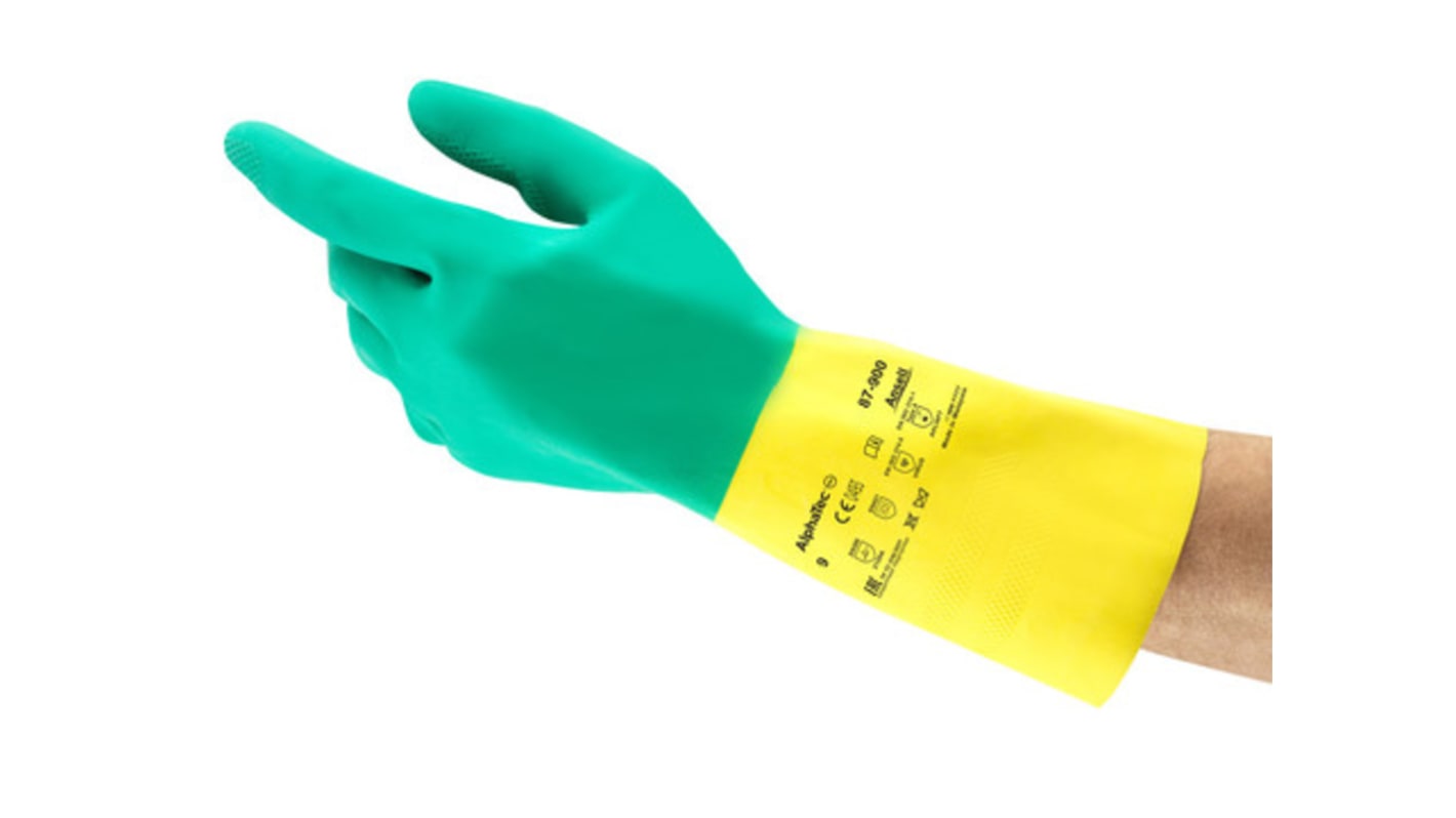 Guantes de Algodón Verde, amarillo Ansell serie AlphaTec 87-900, talla 11, con recubrimiento de Látex, Goma natural,