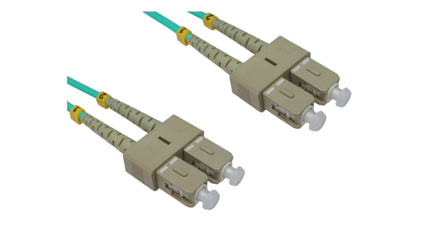 RS PRO SC to SC Duplex Multi Mode OM3 Fibre Optic Cable, 3mm, Light Blue, 1m
