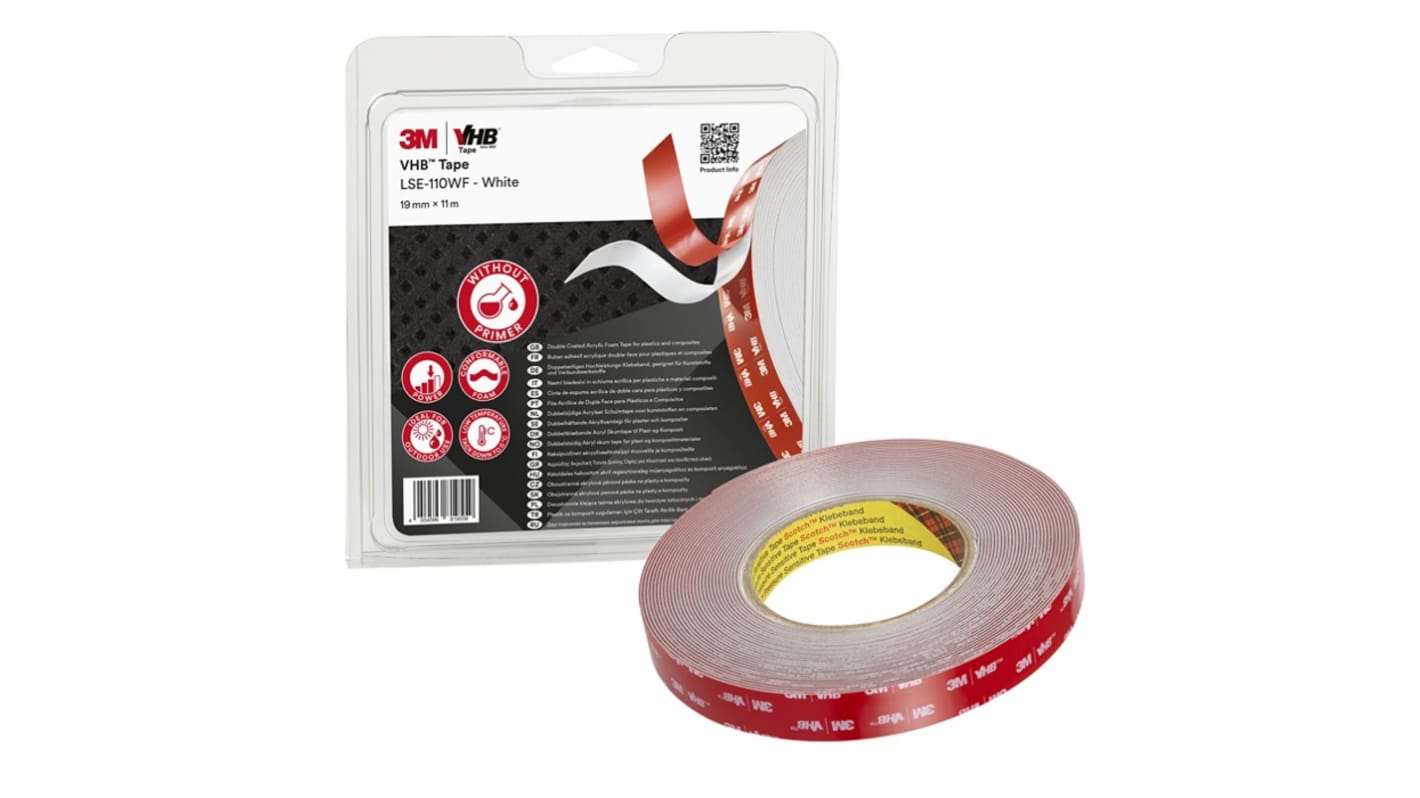 3M LSE-110F, 710028 White Foam Tape, 19.0mm x 11.0m, 1.10mm Thick
