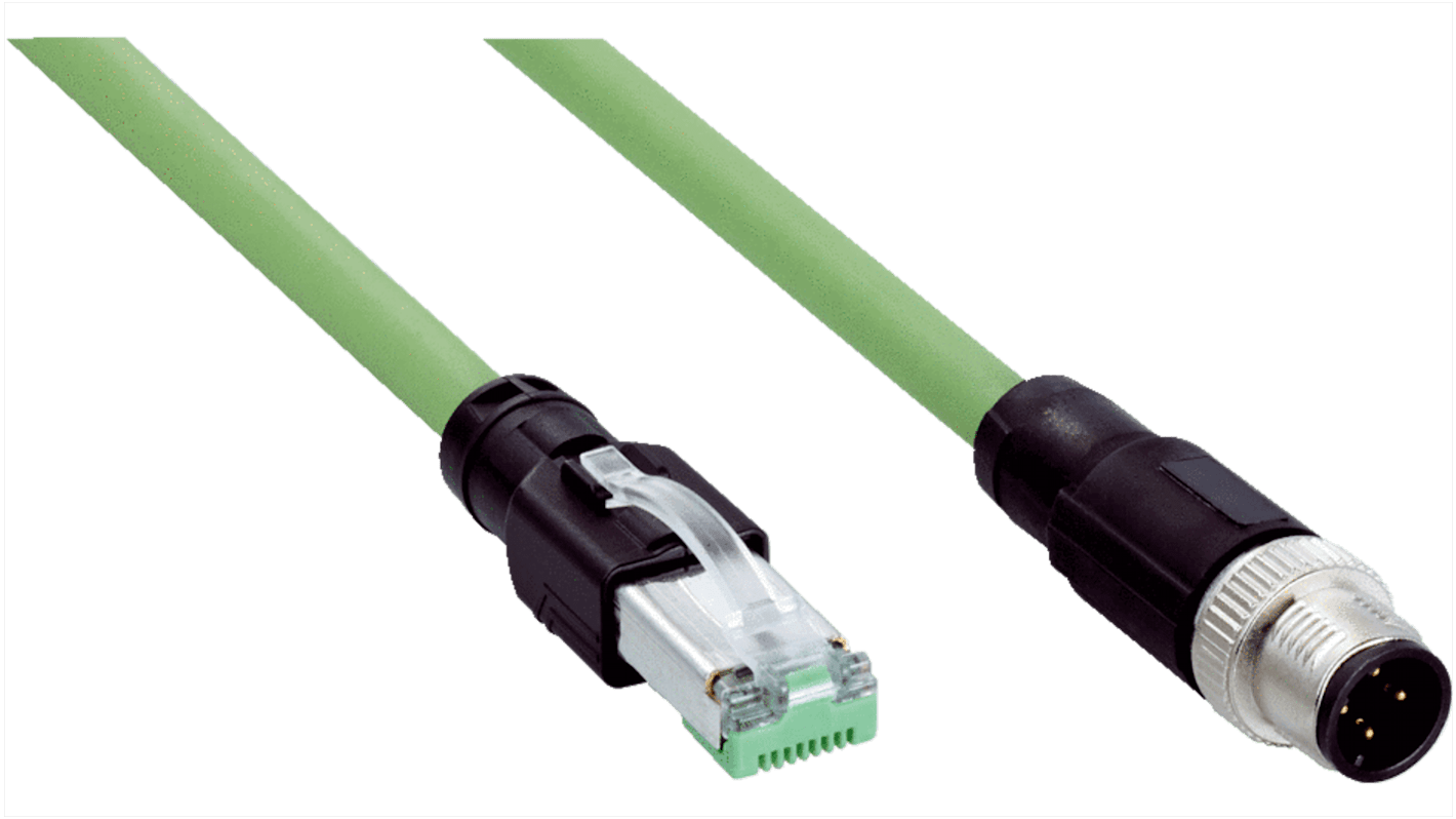 Sick Cat5 Straight Male M12 to Straight Male RJ45 Ethernet Cable, Shielded, Green Polyurethane Sheath, 5m