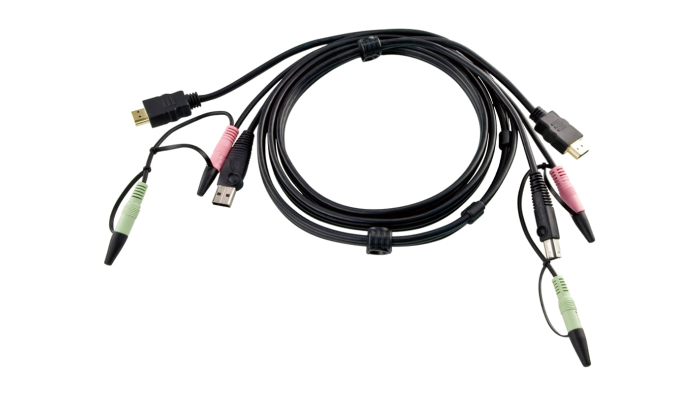 Aten KVM线, 3.5mm音频插孔, HDMI, USB A公插至3.5mm音频插孔, HDMI, USB B公插, 黑色
