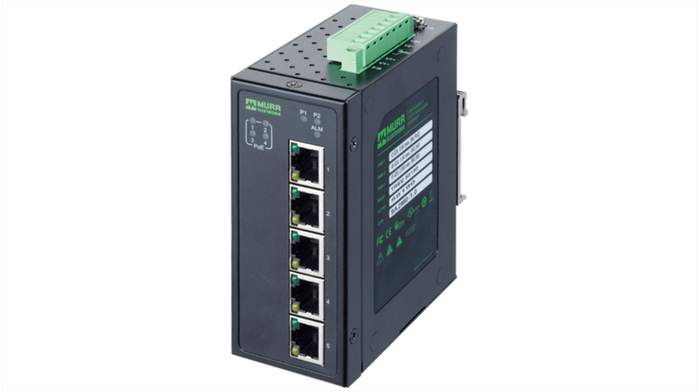 Murrelektronik Limited 58 Series DIN Rail Mount Network Hub, 5 RJ45 Ports, 1000Mbit/s Transmission, 48V