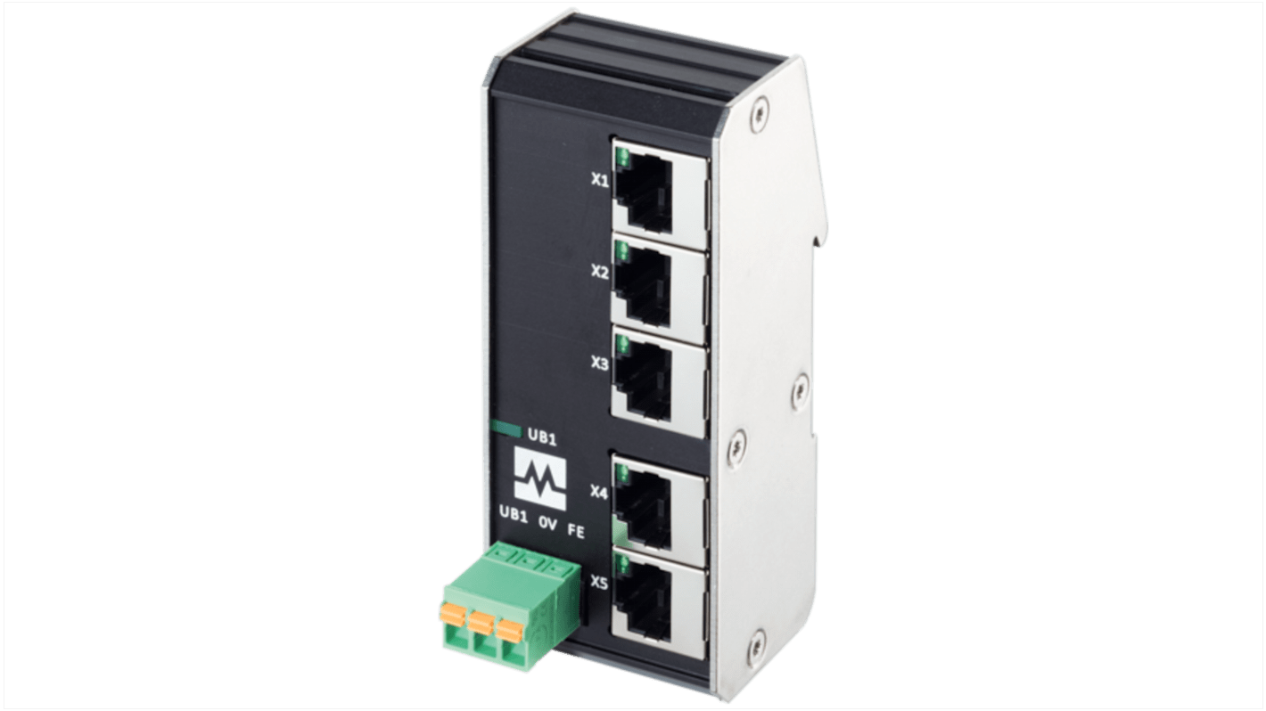 Murrelektronik Limited 58 Series DIN Rail Mount Network Hub, 5 RJ45 Ports, 100Mbit/s Transmission, 9 → 36V dc