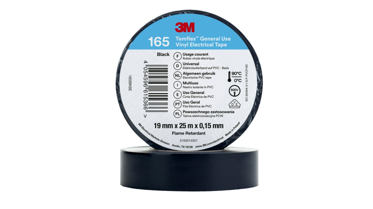3M Temflex Black Polyvinyl Chloride Electrical Tape, 19mm x 25m
