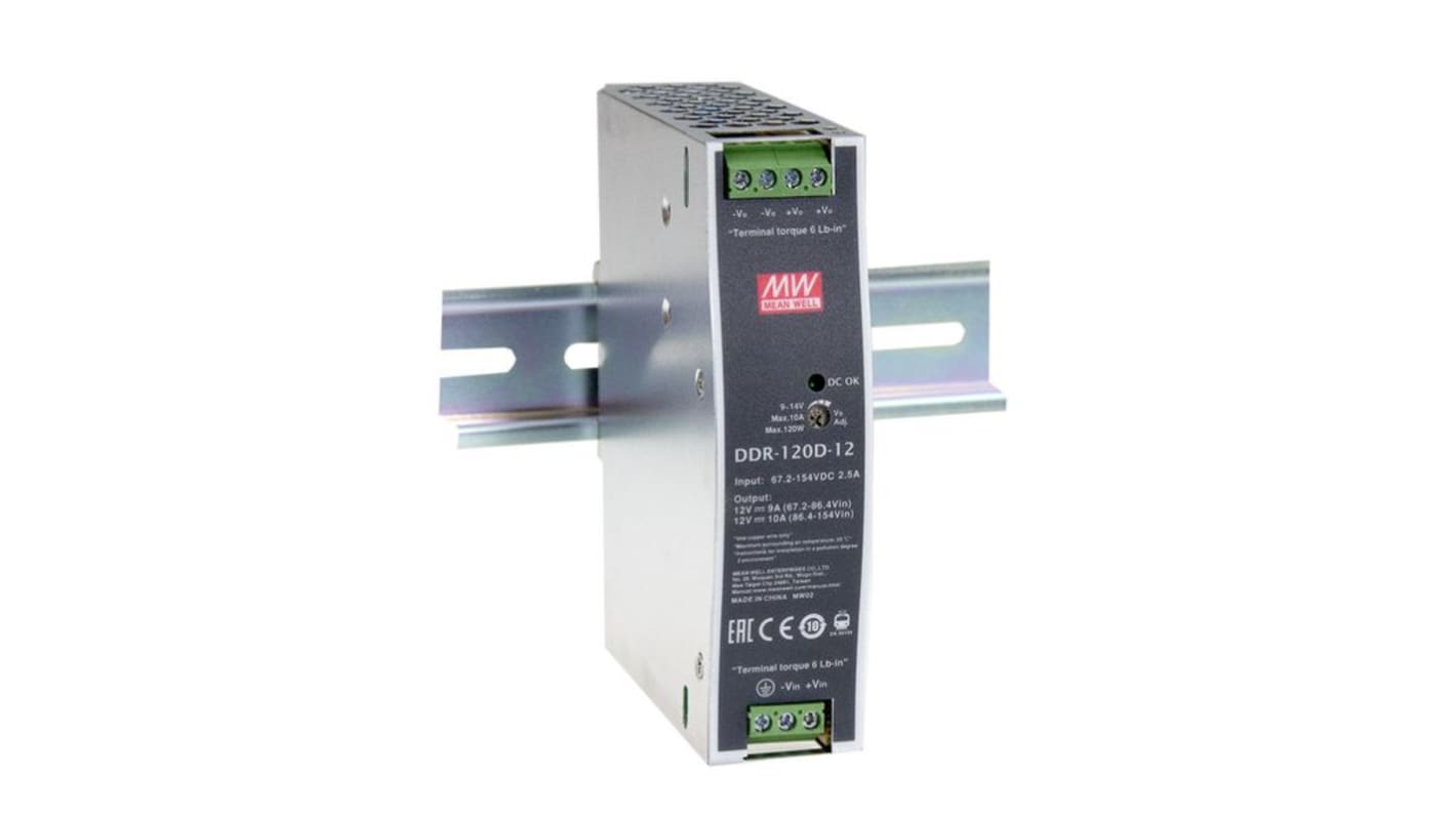 MEAN WELL DDR-120 DC-DC Converter, 12V dc/ 1.1A Output, 33.6 → 67.2 VDC Input, 120W, DIN Rail Mount -40°C Min