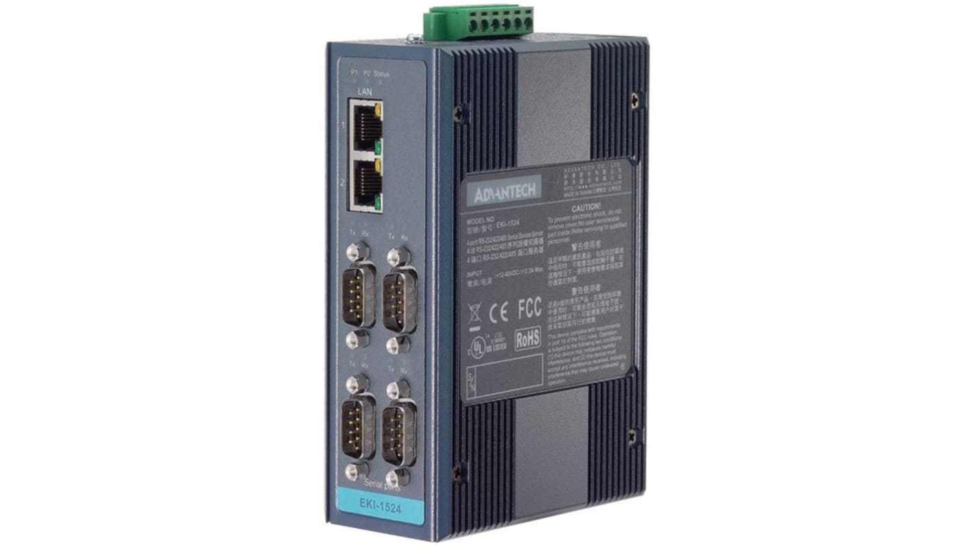 Advantech Serial Device Server, 2 Ethernet Port, 4 Serial Port, RS232, RS422, RS485 Interface, 921.6kbps Baud Rate