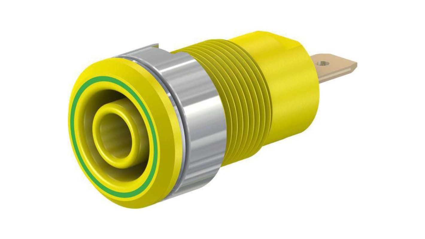 Staubli Green/Yellow Socket Banana Connector, 4 mm Connector, Tab Termination, 24A, 1kV, Gold Plating