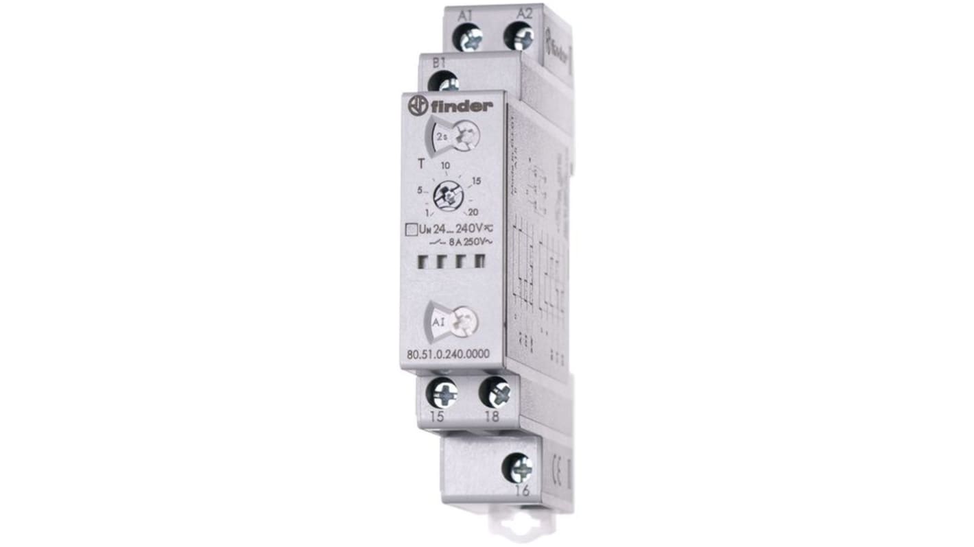 Finder 80.51 Zeitrelais, DIN-Schienen, 0.1 → 86400s, 240V ac/dc, 1 Kont. 6, 1-poliger Wechsler