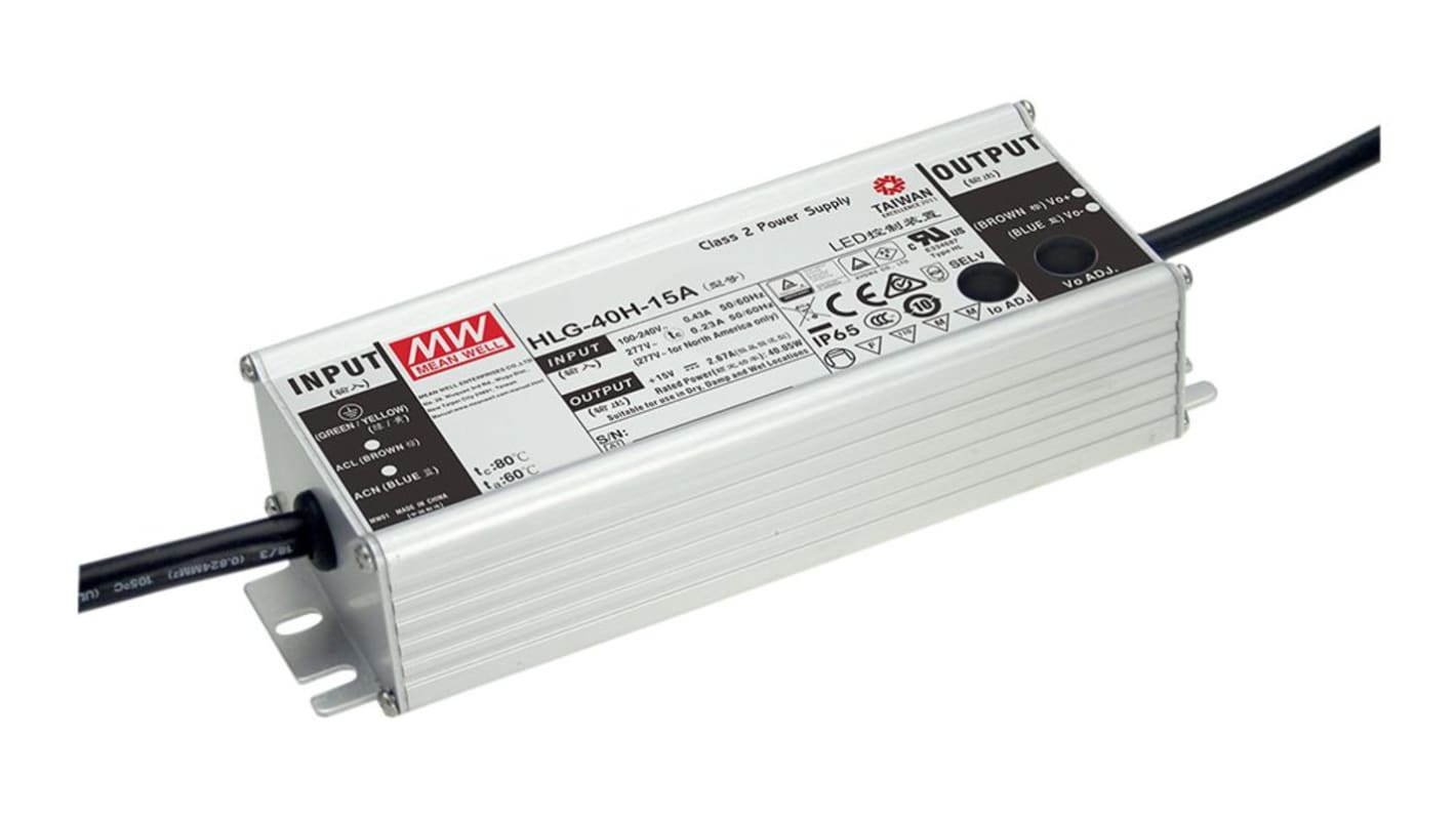 Driver LED corriente/tensión constante MEAN WELL, IN: 431 V cc, OUT: 30V, 1.3A, 40W, regulable