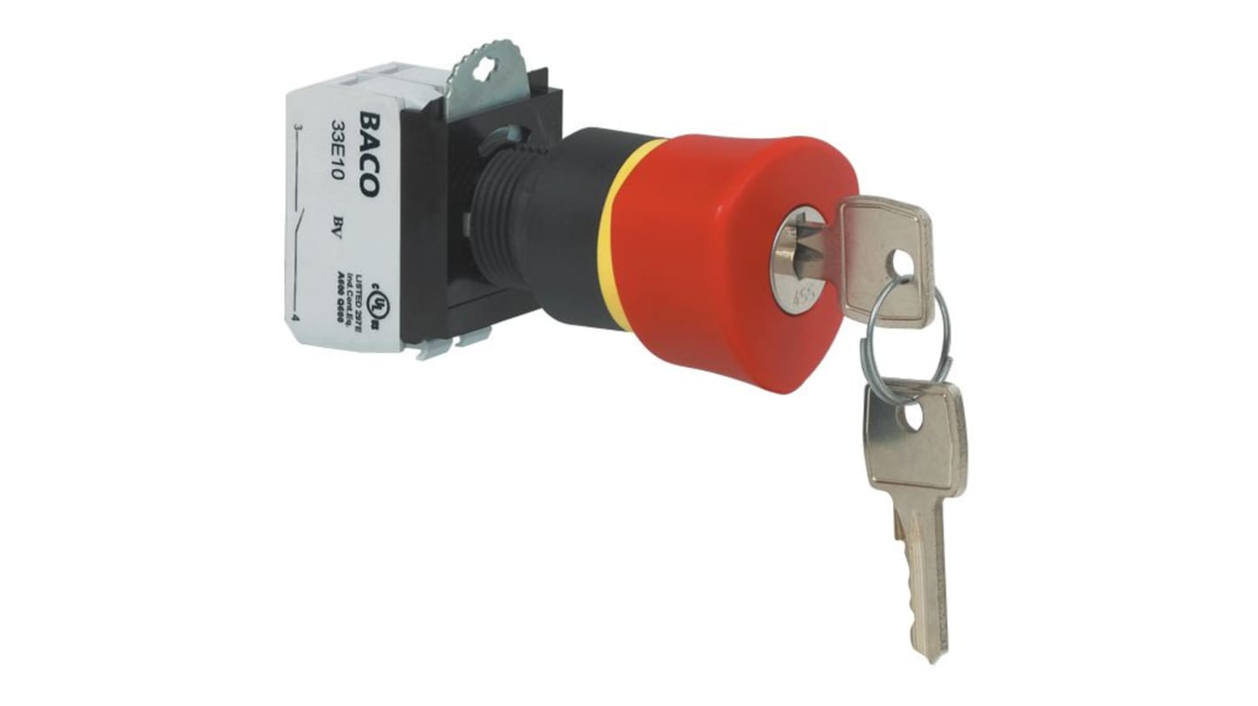 BACO L22GR Series Latching Emergency Stop Push Button, 22mm Cutout, 1 NO + 1 NC, IP66