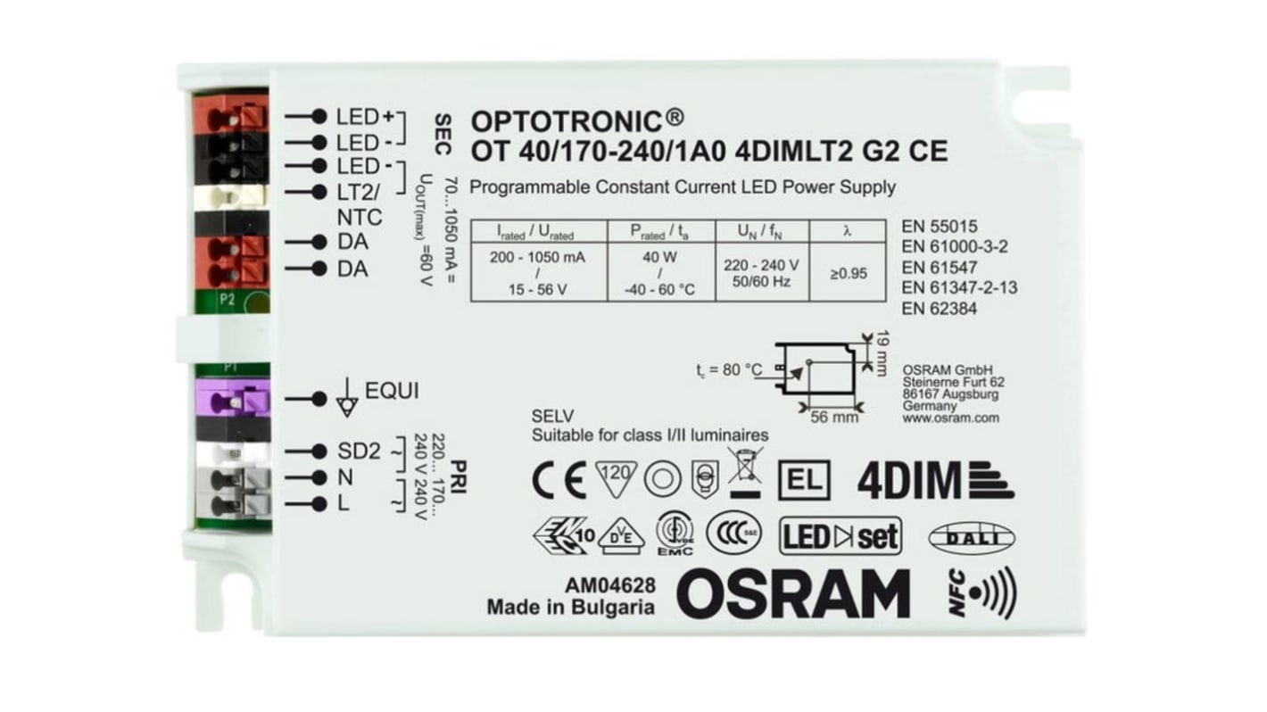 Sterownik LED napięcie wyjciowe: 56V 700mA napięcie wejściowe: 264 V AC stabilizowany prądowo 40W Osram