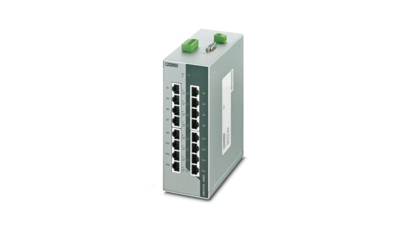 Phoenix Contact 16口工业以太网交换机, 10/100Mbit/s, 24V 直流, DIN导轨安装, FL SWITCH 3016系列
