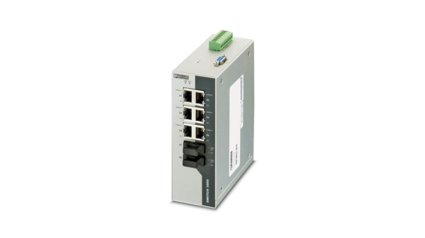 Phoenix Contact 6口工业以太网交换机, 10/100Mbit/s, 24V 直流, DIN导轨安装, FL SWITCH 3006T-2FX SM系列