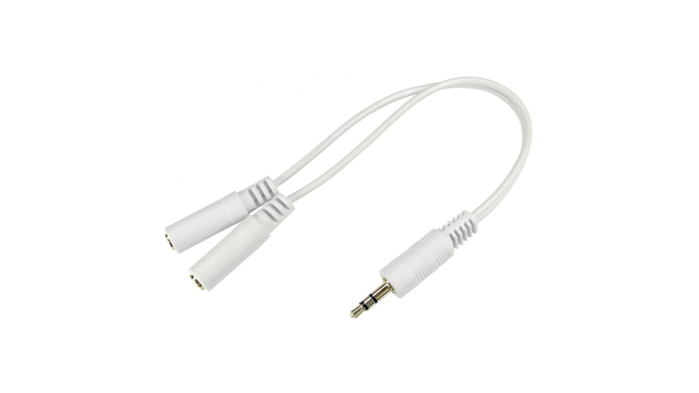 RS PRO Male 3.5mm Stereo Jack to Female 3.5mm Stereo Jack x 2 Aux Cable, White, 200mm