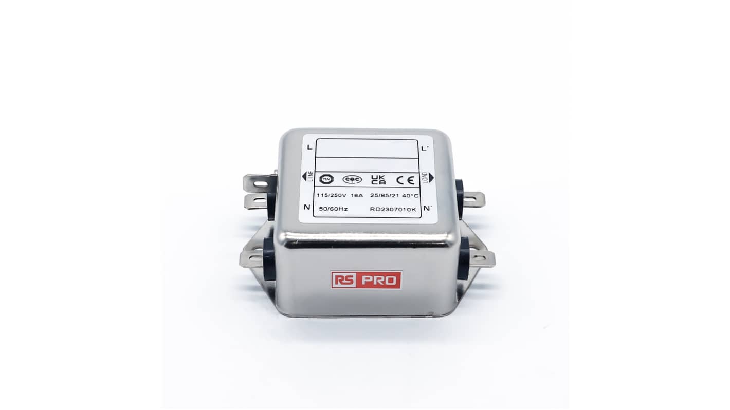 RS PRO 16A 115/250 V ac 50 → 60Hz, Chassis Mount Power Line Filter, Fast-On, Single Phase