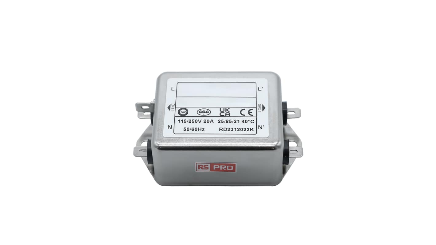 RS PRO 16A 115/250 V ac 50 → 60Hz, Chassis Mount Power Line Filter, Fast-On, Single Phase