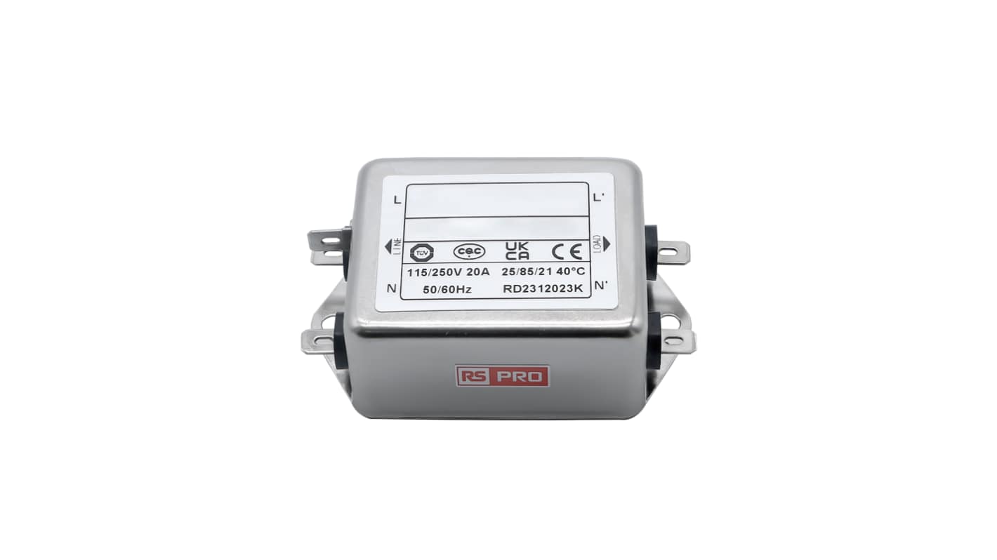 RS PRO 20A 115/250 V ac 50 → 60Hz, Chassis Mount Power Line Filter, Fast-On, Single Phase