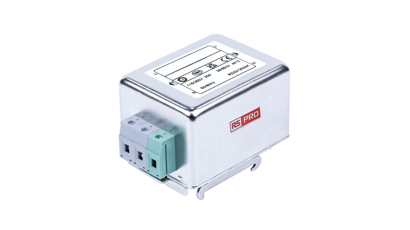 RS PRO 20A 115/250 V ac 50 → 60Hz, DIN Rail Power Line Filter, Terminal Block, Single Phase