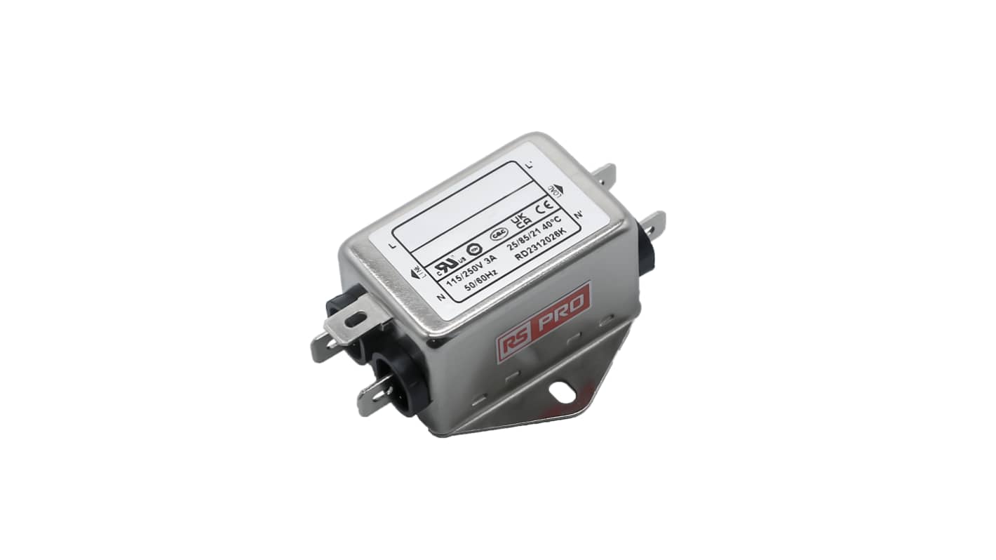 RS PRO EMIフィルタ,電源ラインフィルタ,ノイズフィルタ, 3A, 115 / 250 V ac, 1.相 シャーシーマウント