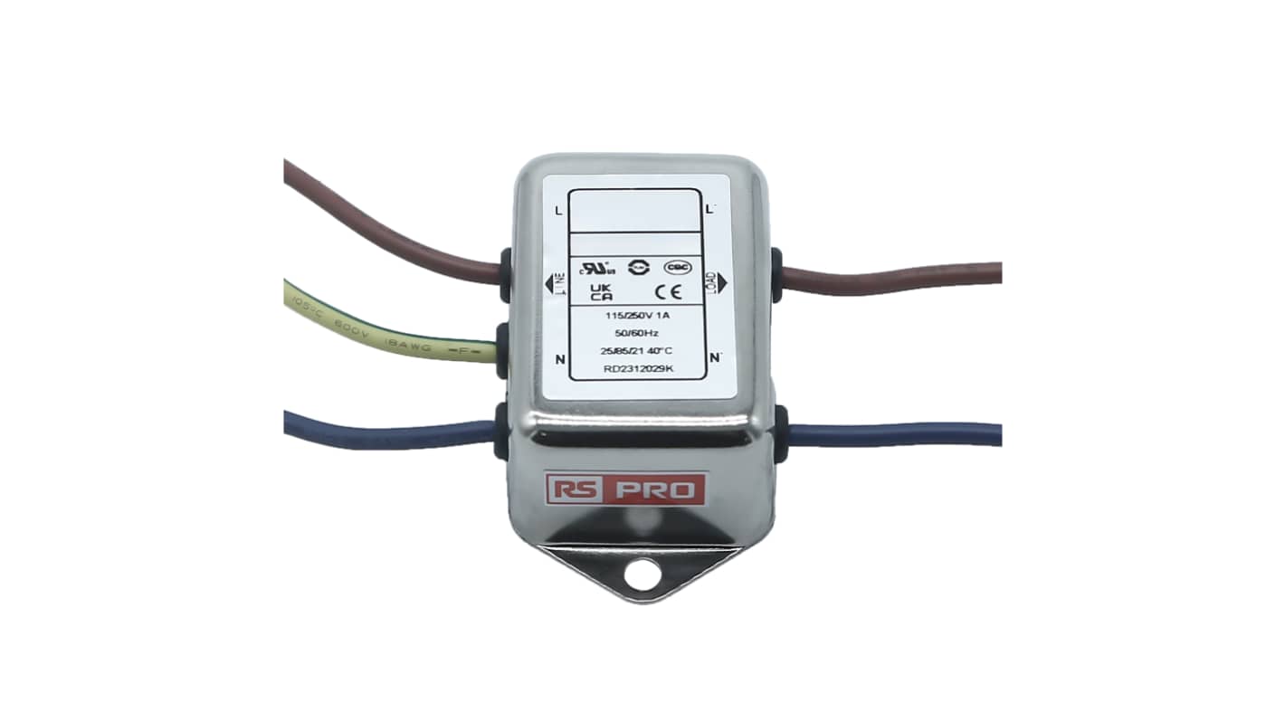 RS PRO 1A 115/250 V ac 50 → 60Hz, Chassis Mount Power Line Filter, Wire Lead, Single Phase