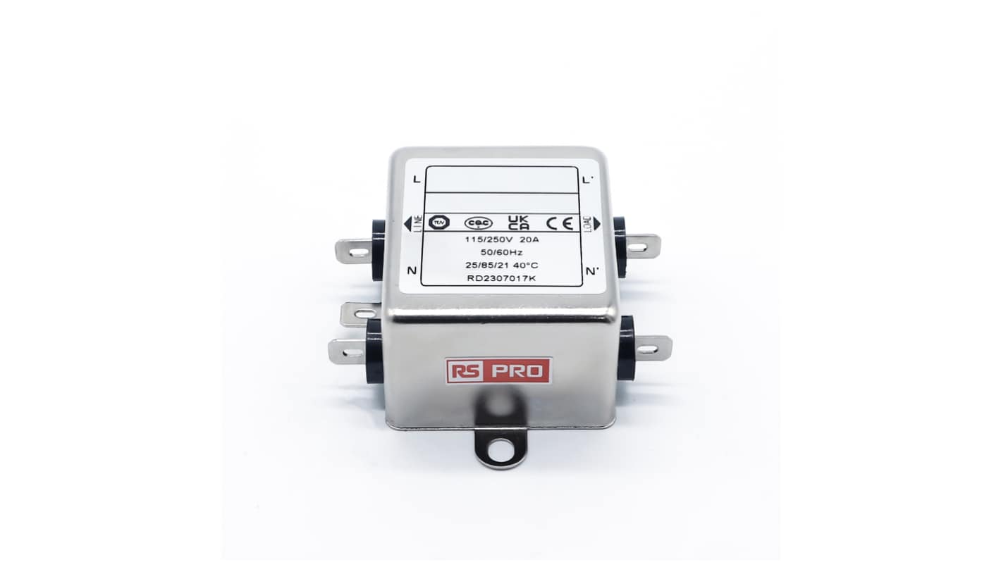 RS PRO 20A 115/250 V ac 50 → 60Hz, Chassis Mount Power Line Filter, Fast-On, Single Phase