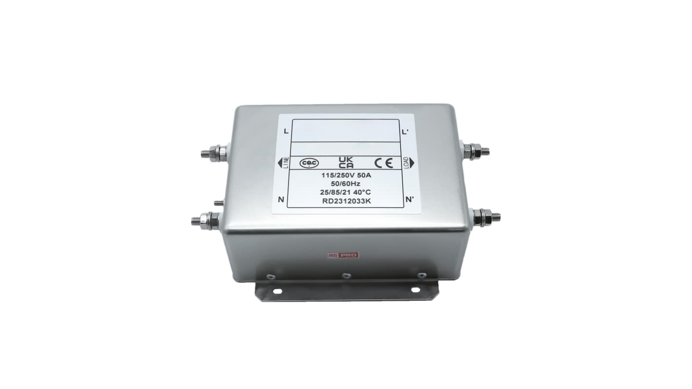 RS PRO 50A 115/250 V ac 50 → 60Hz, Chassis Mount Power Line Filter, Screw, Single Phase