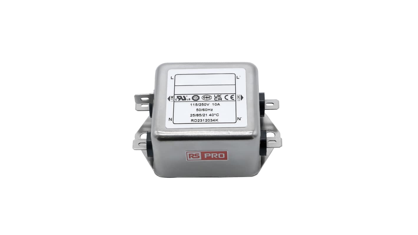 RS PRO 10A 115/250 V ac 50 → 60Hz, Chassis Mount Power Line Filter, Fast-On, Single Phase