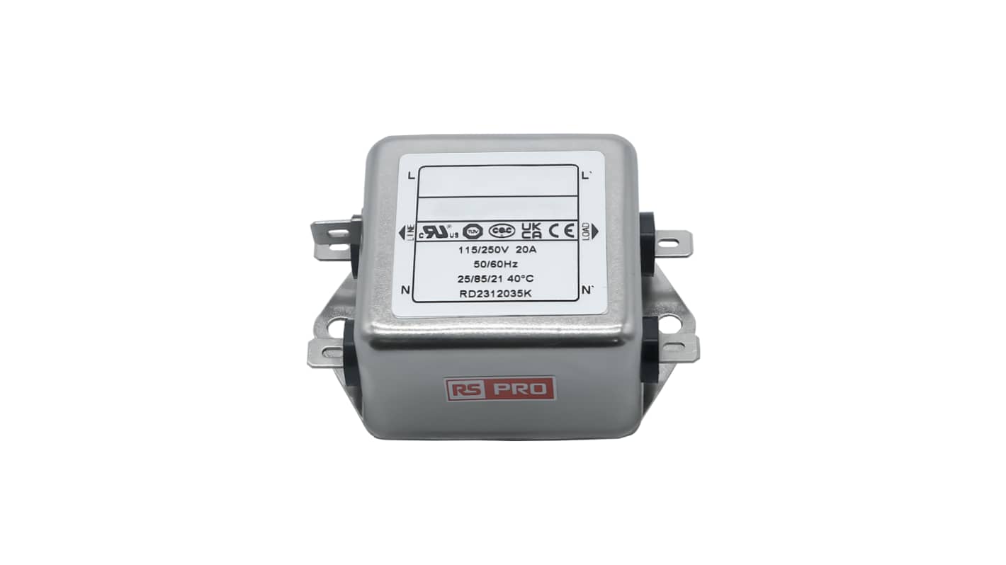 RS PRO 20A 115/250 V ac 50 → 60Hz, Chassis Mount Power Line Filter, Fast-On, Single Phase