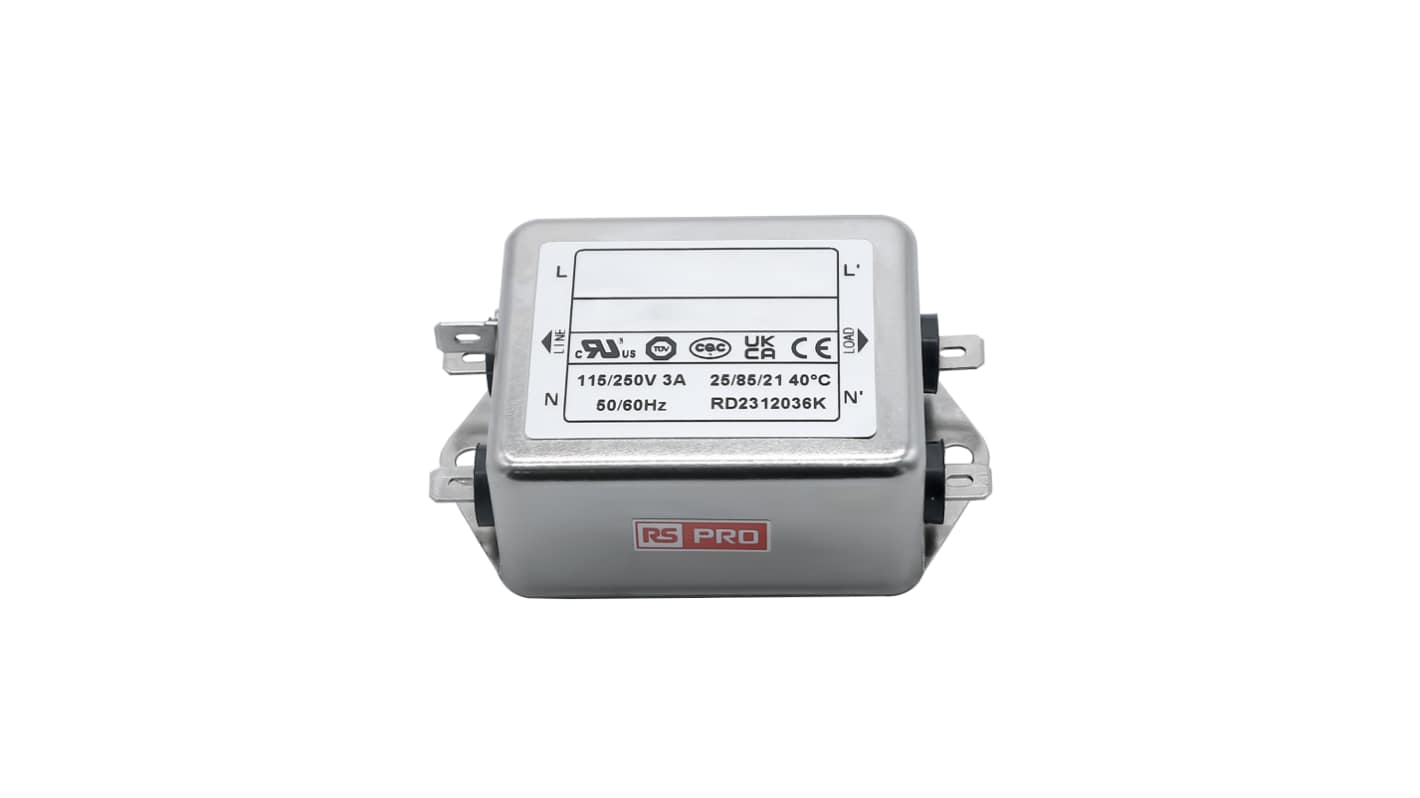 RS PRO 3A 115/250 V ac 50 → 60Hz, Chassis Mount Power Line Filter, Fast-On, Single Phase