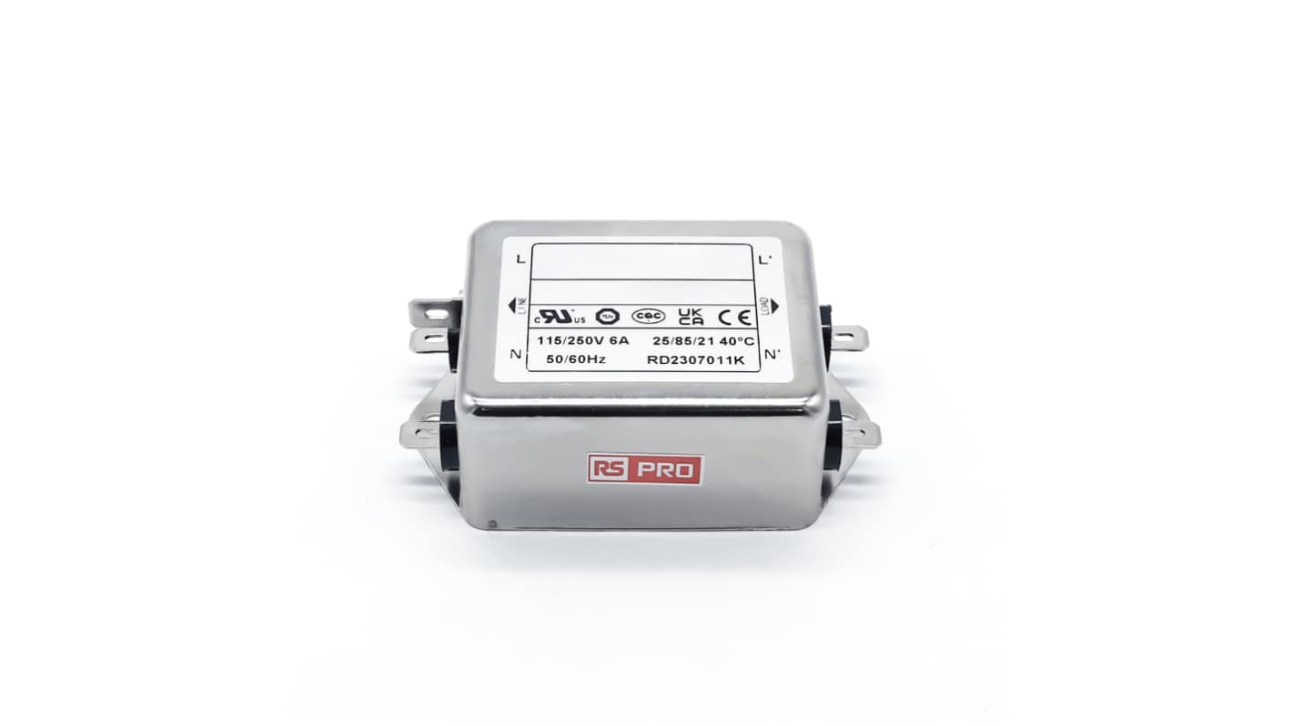 RS PRO 6A 115/250 V ac 50 → 60Hz, Chassis Mount Power Line Filter, Fast-On, Single Phase