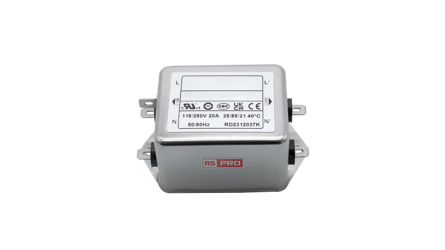 RS PRO 20A 115/250 V ac 50 → 60Hz, Chassis Mount Power Line Filter, Fast-On, Single Phase