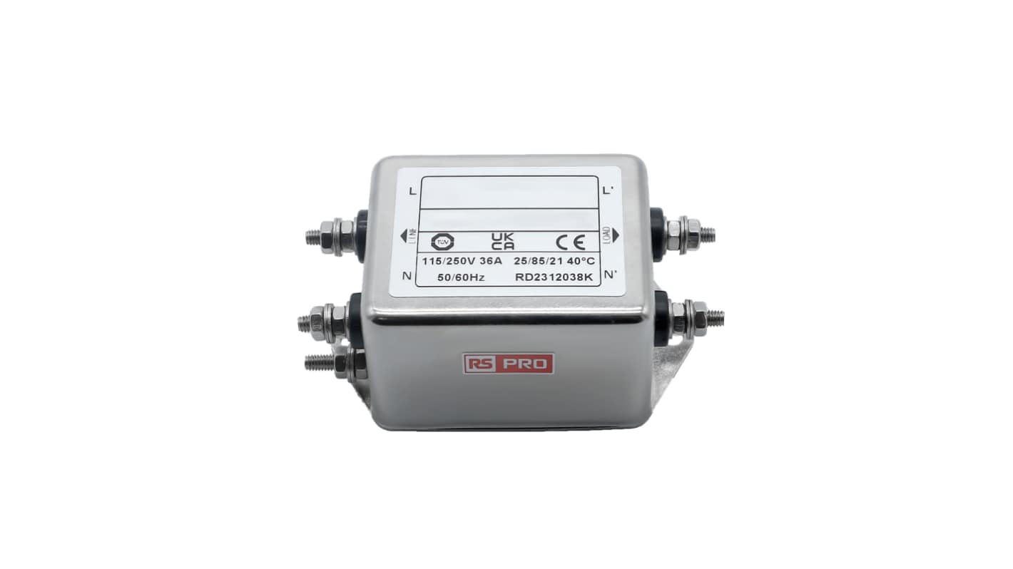 RS PRO EMIフィルタ,電源ラインフィルタ,ノイズフィルタ, 36A, 115 / 250 V ac, 1.相 シャーシーマウント