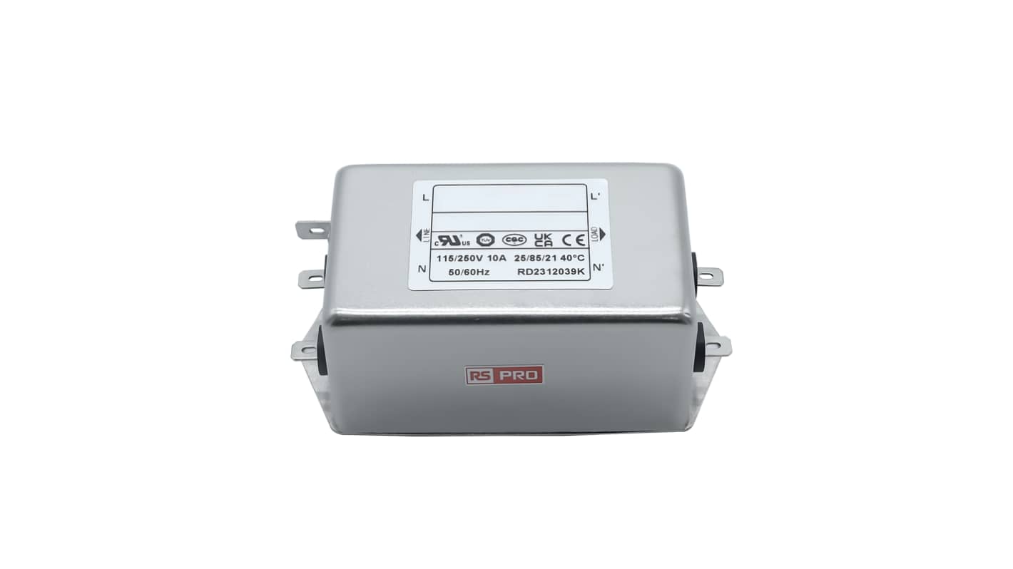 RS PRO EMIフィルタ,電源ラインフィルタ,ノイズフィルタ, 10A, 115 / 250 V ac, 1.相 シャーシーマウント