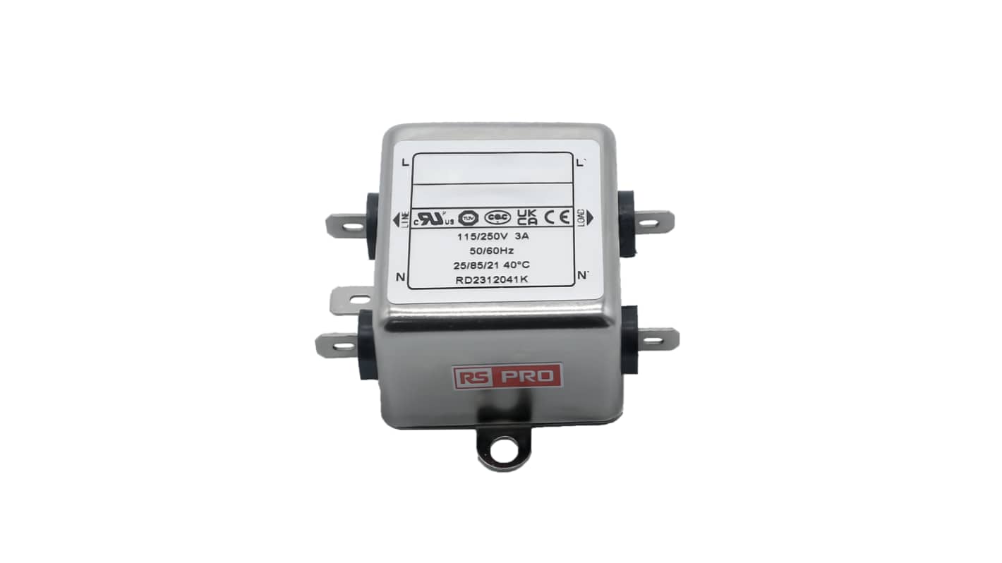 RS PRO 3A 115/250 V ac 50 → 60Hz, Chassis Mount Power Line Filter, Fast-On, Single Phase