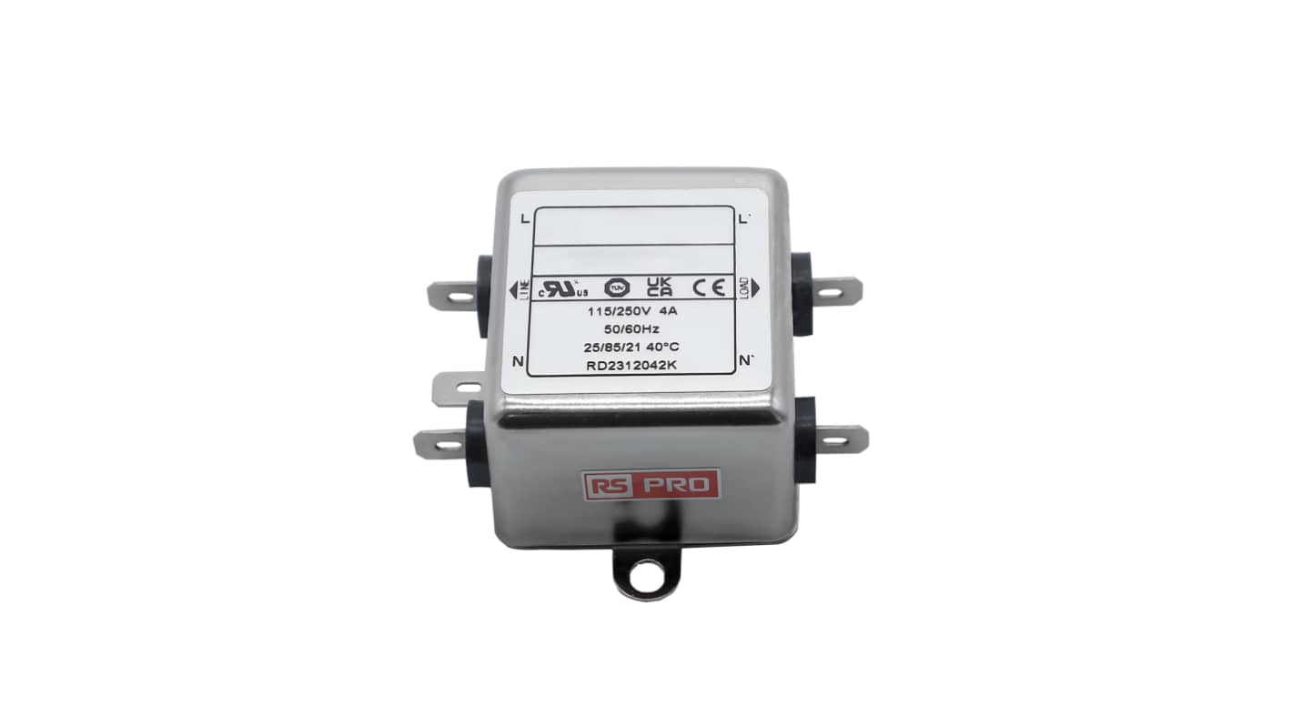 RS PRO 单相电源滤波器, 4A, 115/250 V 交流, 50 → 60Hz, 底盘安装, Fast-On接端, 一阶