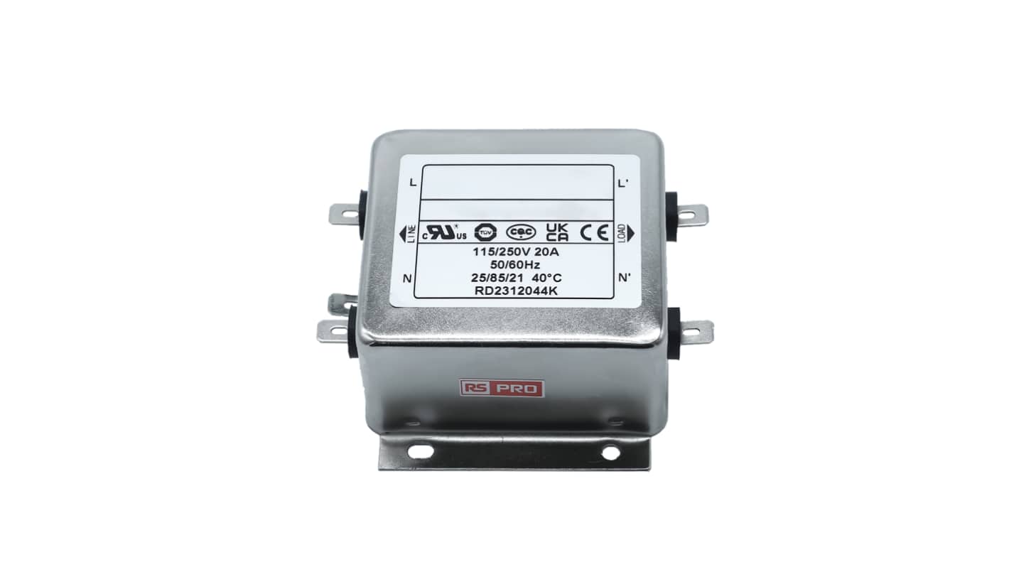 RS PRO EMIフィルタ,電源ラインフィルタ,ノイズフィルタ, 20A, 115 / 250 V ac, 1.相 シャーシーマウント