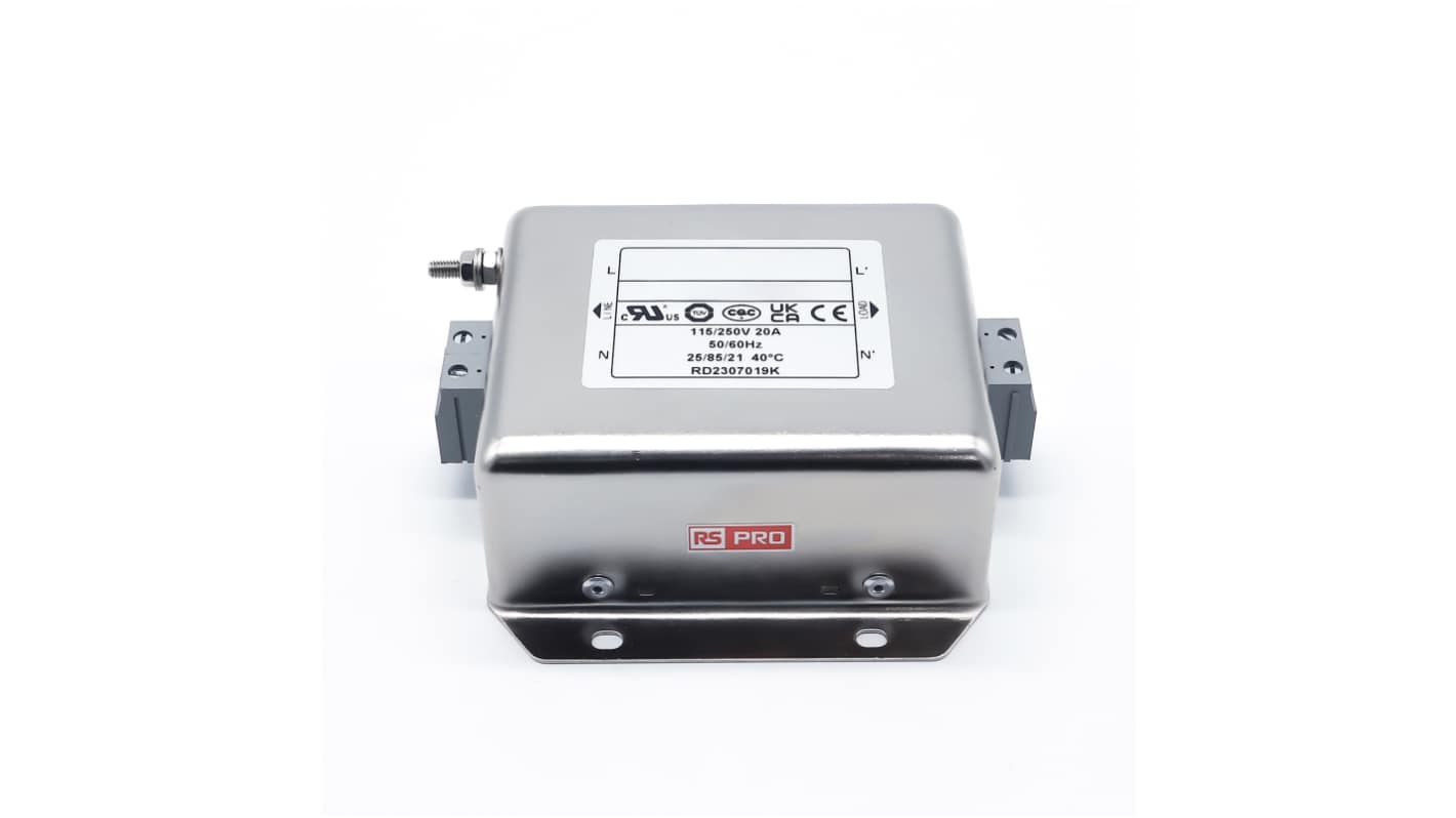 RS PRO 20A 115/250 V ac 50 → 60Hz, Chassis Mount Power Line Filter, Terminal Block, Single Phase
