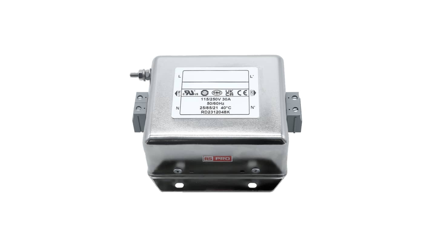 RS PRO EMIフィルタ,電源ラインフィルタ,ノイズフィルタ, 30A, 115 / 250 V ac, 1.相 シャーシーマウント