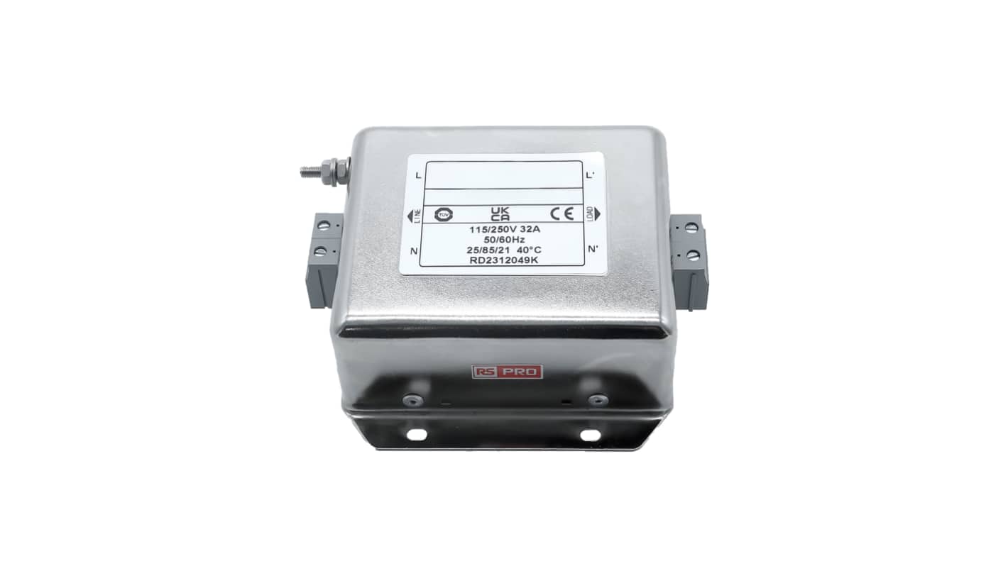RS PRO EMIフィルタ,電源ラインフィルタ,ノイズフィルタ, 32A, 115 / 250 V ac, 1.相 シャーシーマウント