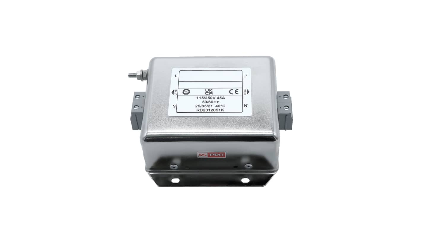 RS PRO 45A 115/250 V ac 50 → 60Hz, Chassis Mount Power Line Filter, Terminal Block, Single Phase