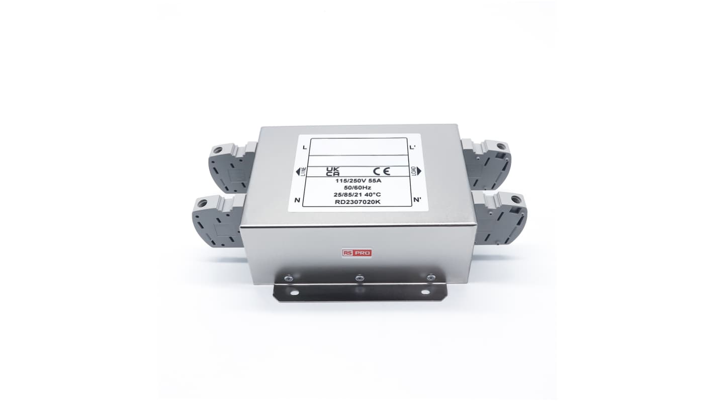 RS PRO 55A 115/250 V ac 50 → 60Hz, Chassis Mount Power Line Filter, Terminal Block, Single Phase