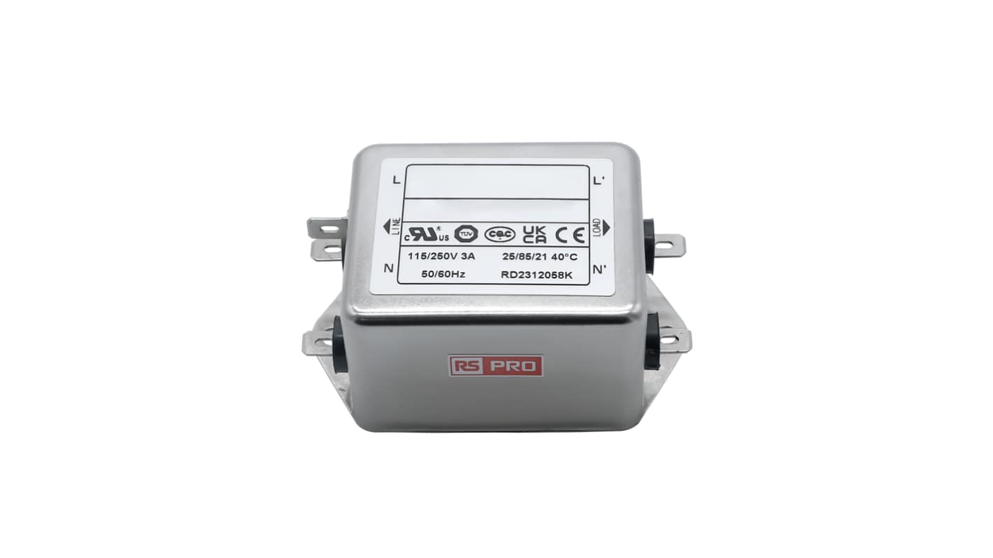 RS PRO 3A 115/250 V ac 50 → 60Hz, Chassis Mount Power Line Filter, Fast-On, Single Phase