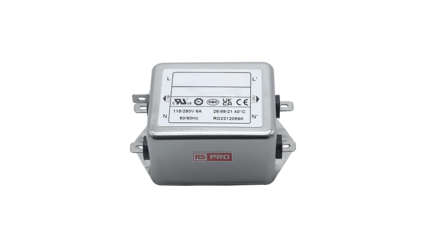 RS PRO EMIフィルタ,電源ラインフィルタ,ノイズフィルタ, 6A, 115 / 250 V ac, 1.相 シャーシーマウント