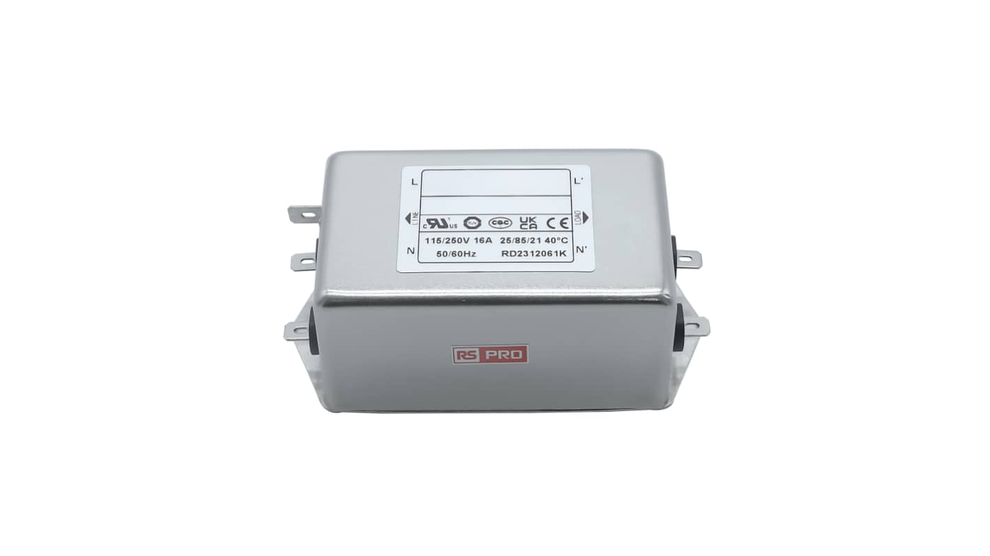 RS PRO EMIフィルタ,電源ラインフィルタ,ノイズフィルタ, 16A, 115 / 250 V ac, 1.相 シャーシーマウント